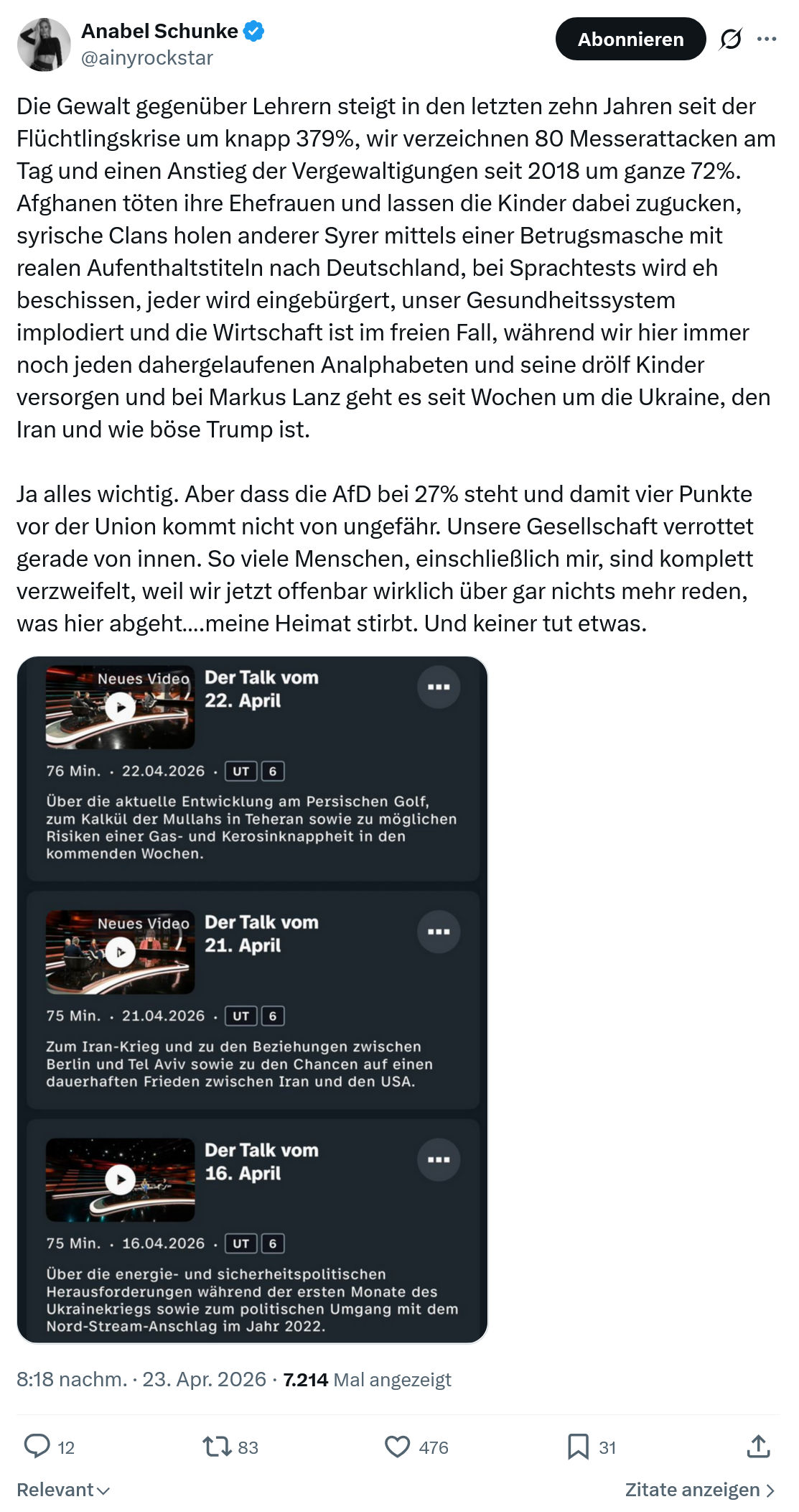 Anabel Schunke: Die Gewalt gegenüber Lehrern steigt...