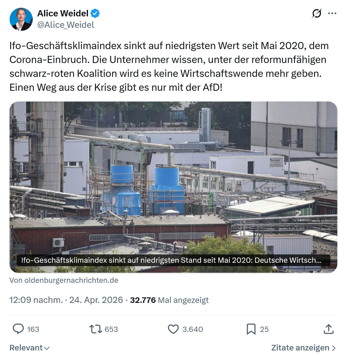 Alice Weidel: Ifo-Geschäftsklimaindex sinkt auf niedrigsten…