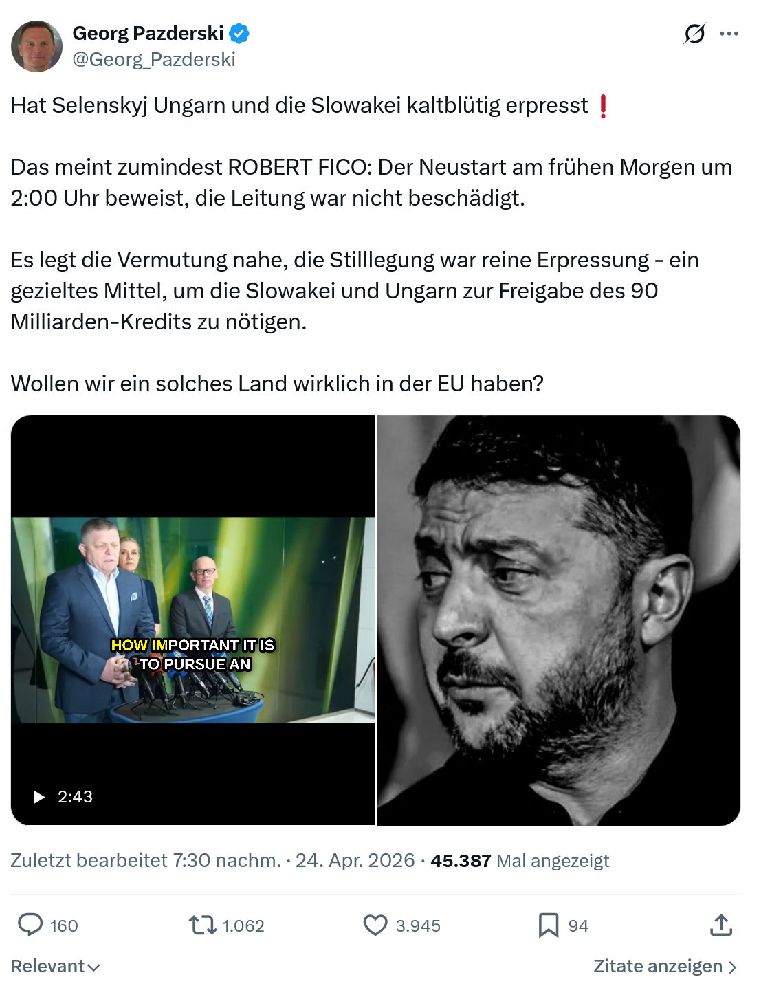Georg Pazderski: Hat Selenskyj Ungarn und die Slowakei…