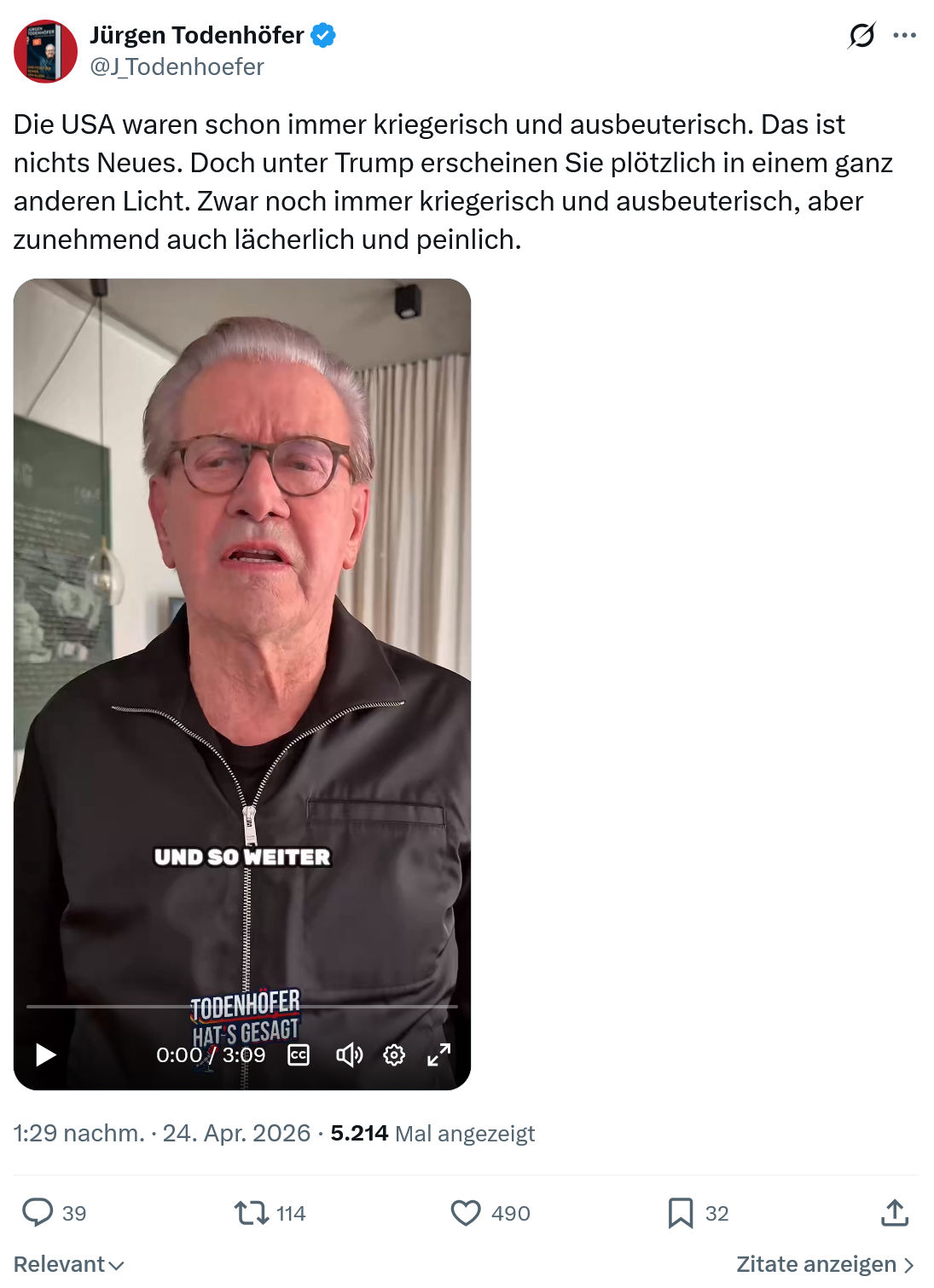 Jürgen Todenhöfer: Die USA waren schon immer kriegerisch und ausbeuterisch…