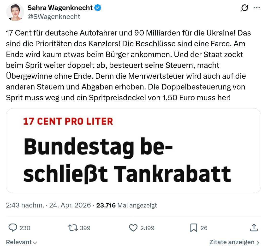 Sahra Wagenknecht: 17 Cent für deutsche Autofahrer…