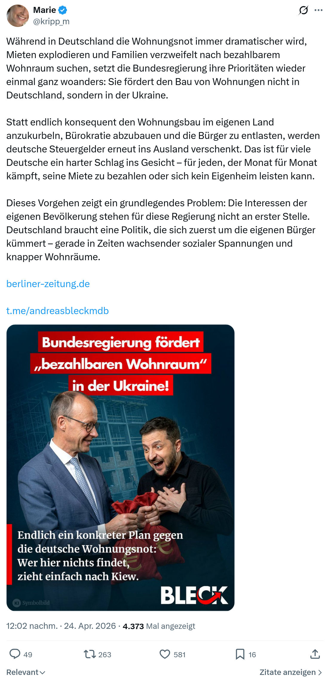 Marie kripp: Während in Deutschland die Wohnungsnot…