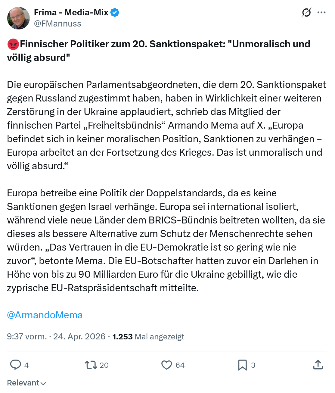 Friedrich Mannus: Finnischer Politiker zum 20…
