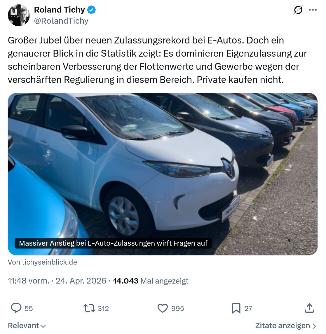 Roland Tichy: Großer Jubel über neuen Zulassungsrekord bei E-Autos…