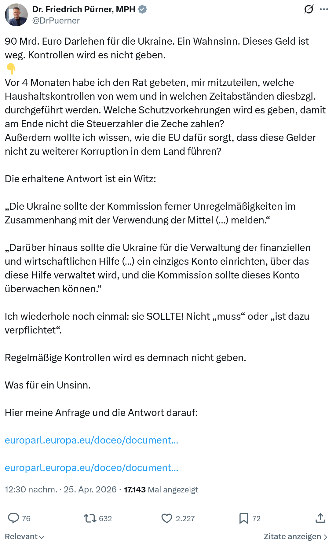 Friedrich Pürner: 90 Mrd. Euro Darlehen für die Ukraine…