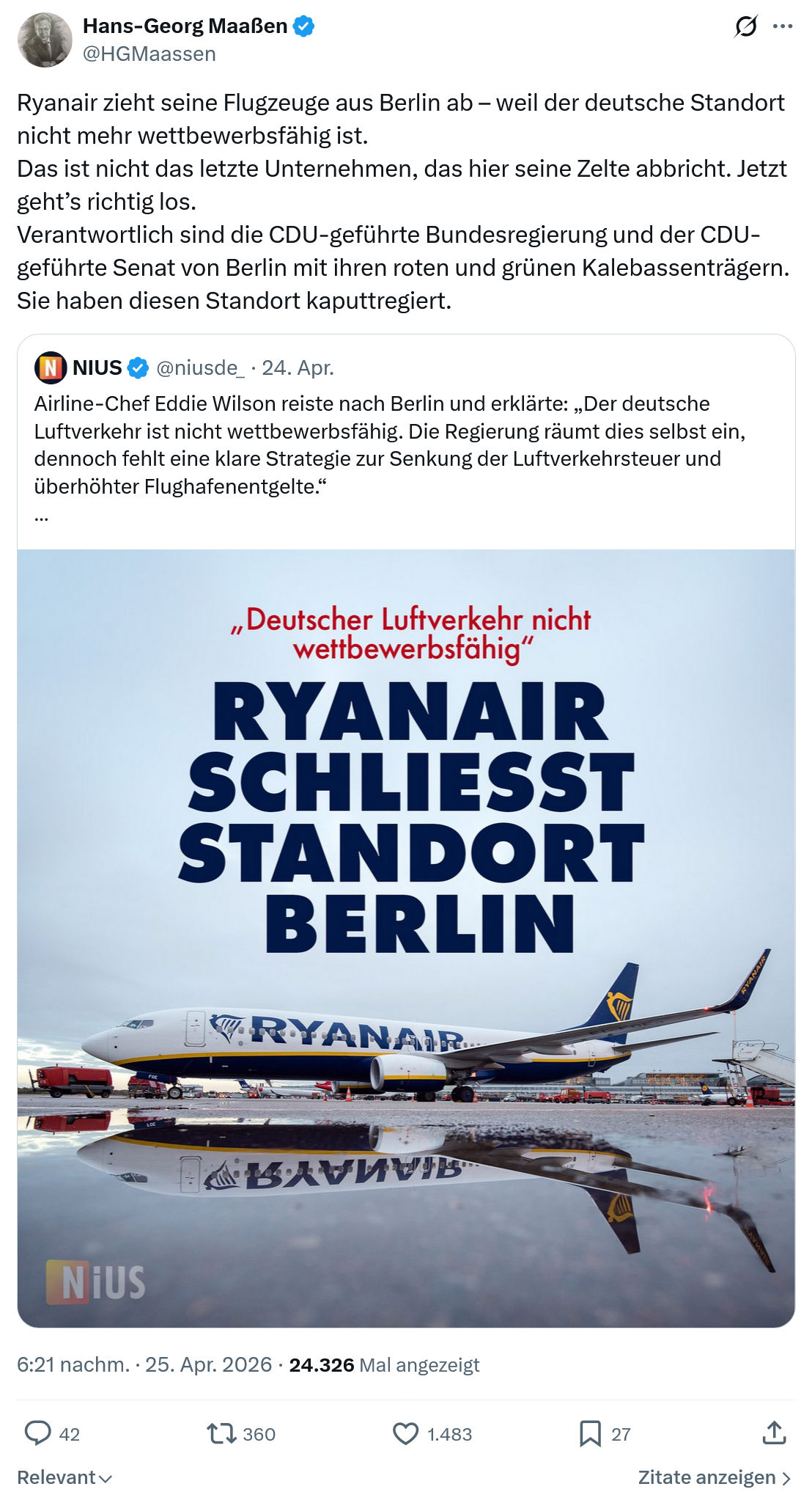Hans-Georg Maaßen: Ryanair zieht seine Flugzeuge…