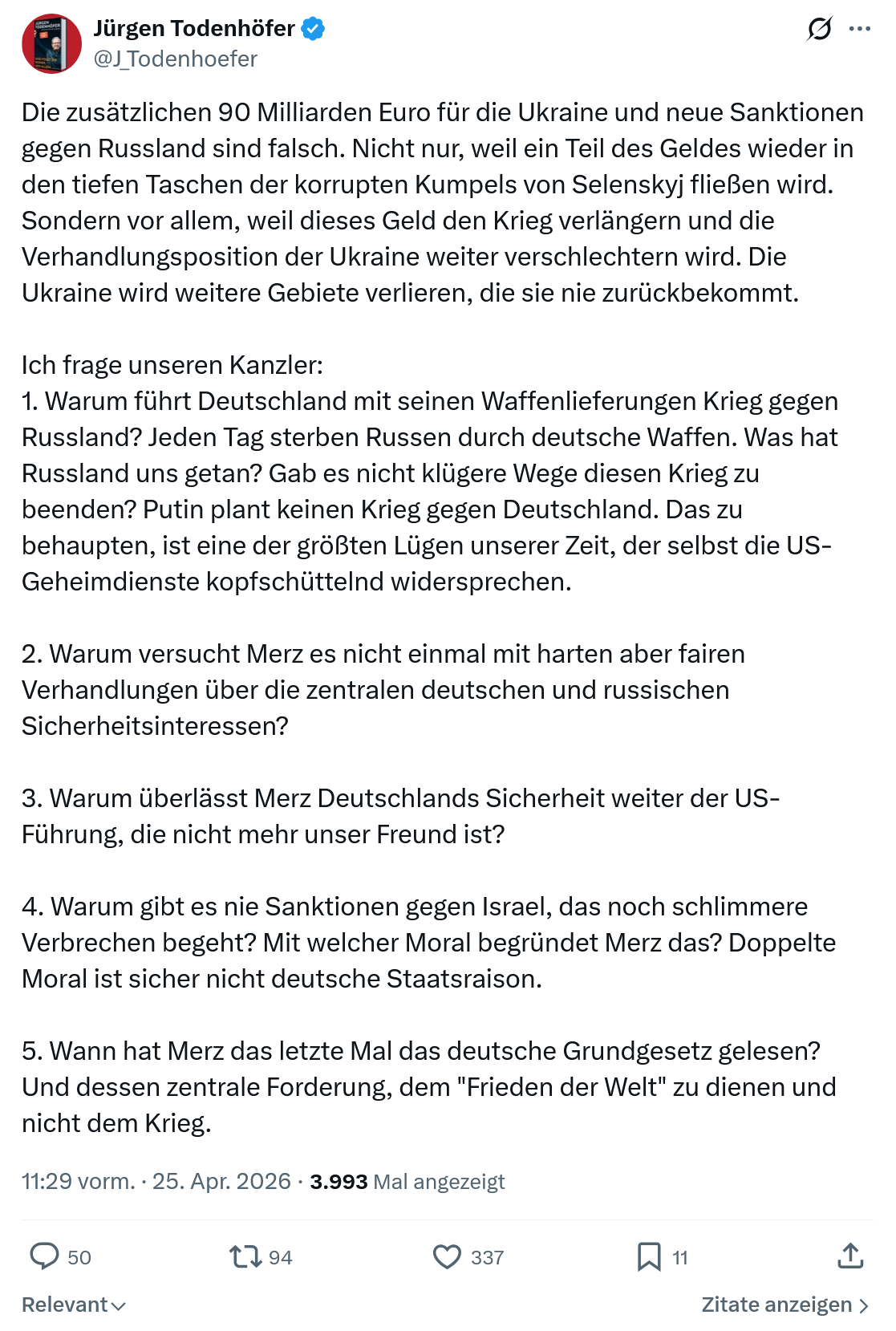 Jürgen Todenhöfer: Die zusätzlichen 90 Milliarden Euro für die Ukraine…