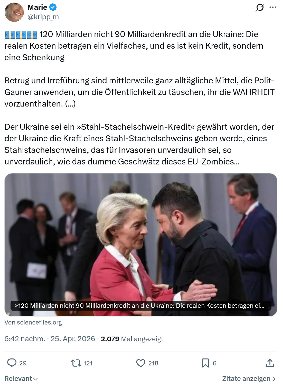 Marie kripp: 120 Milliarden nicht 90 Milliardenkredit an die Ukraine…