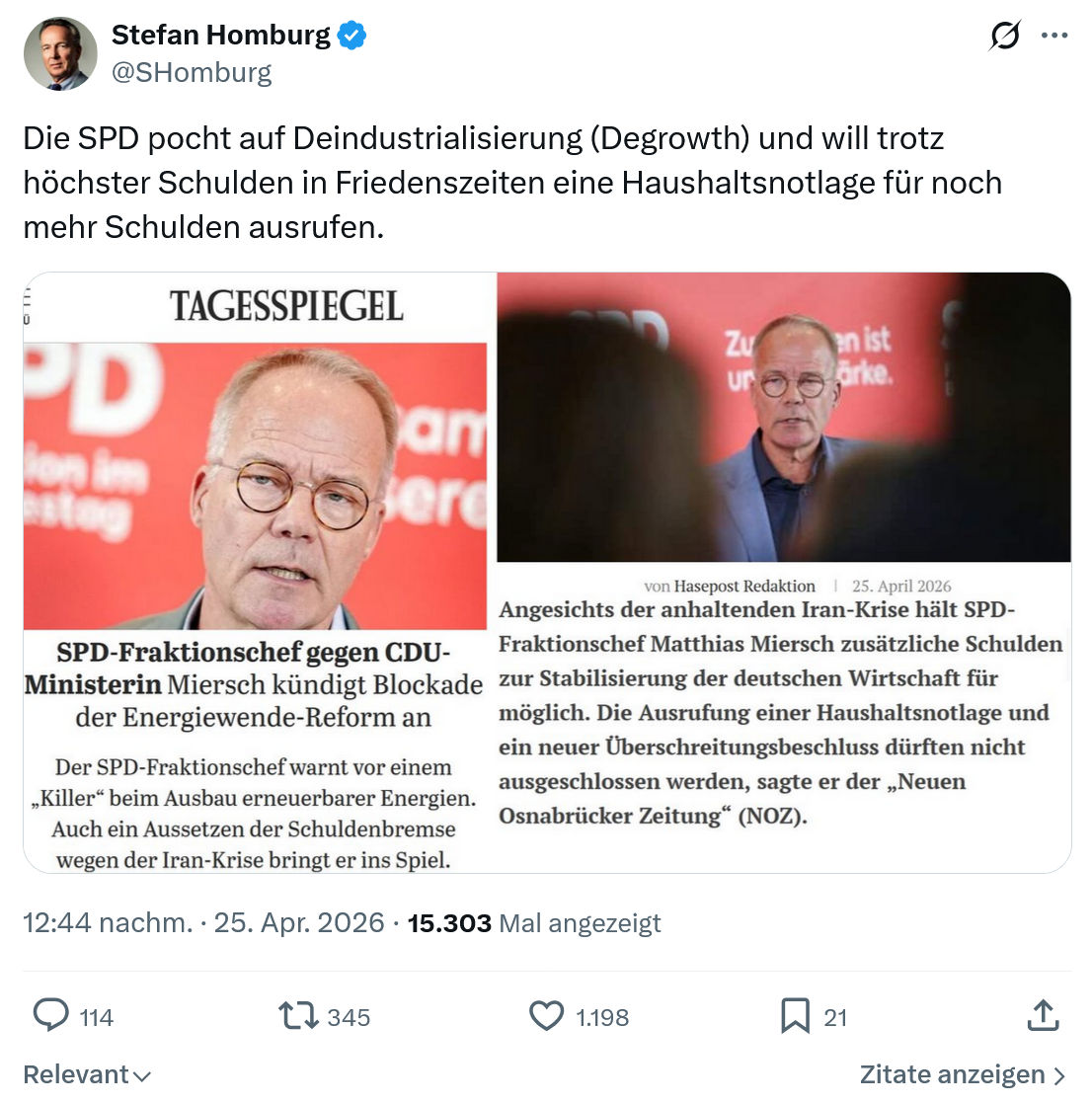 Stefan Homburg: Die SPD pocht auf Deindustrialisierung…