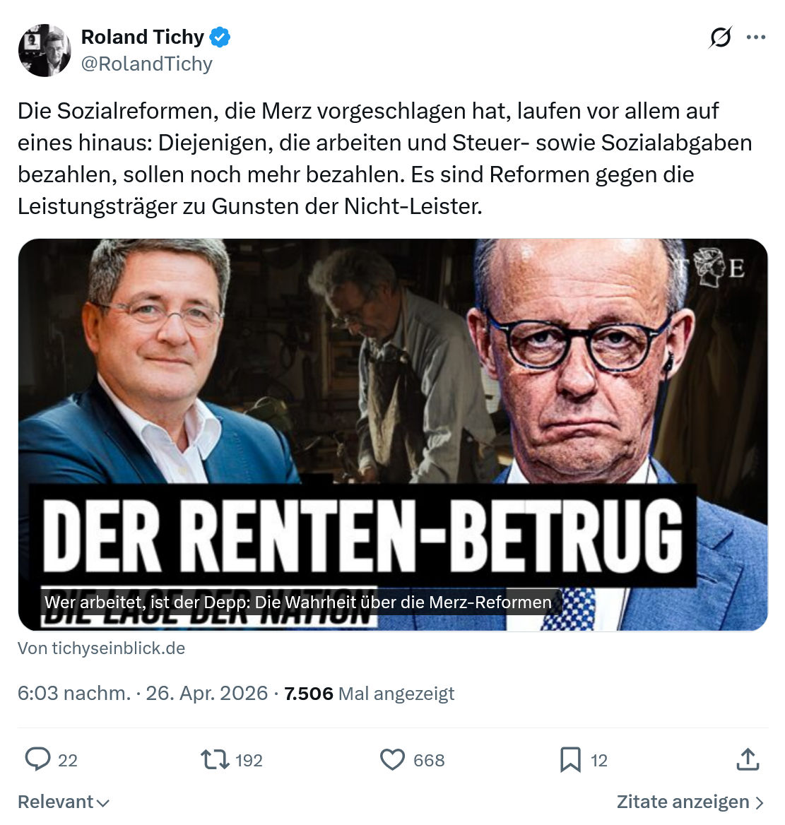 Roland Tichy: Die Sozialreformen, die Merz vorgeschlagen hat…