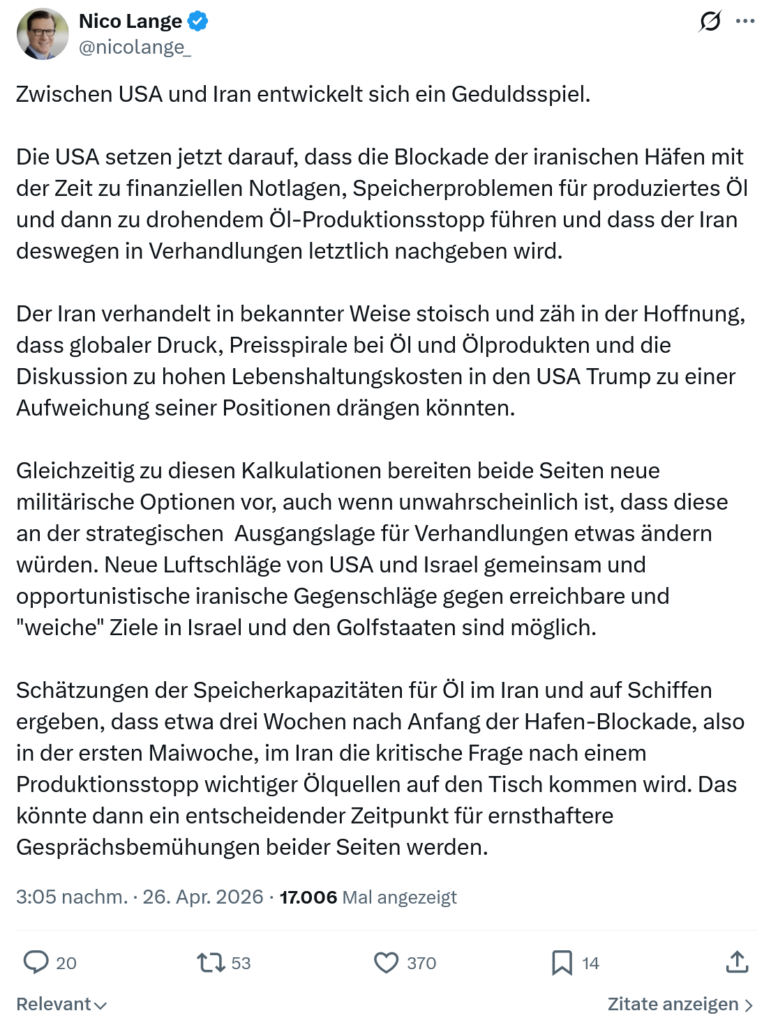 Nico Lange: Zwischen USA und Iran entwickelt…