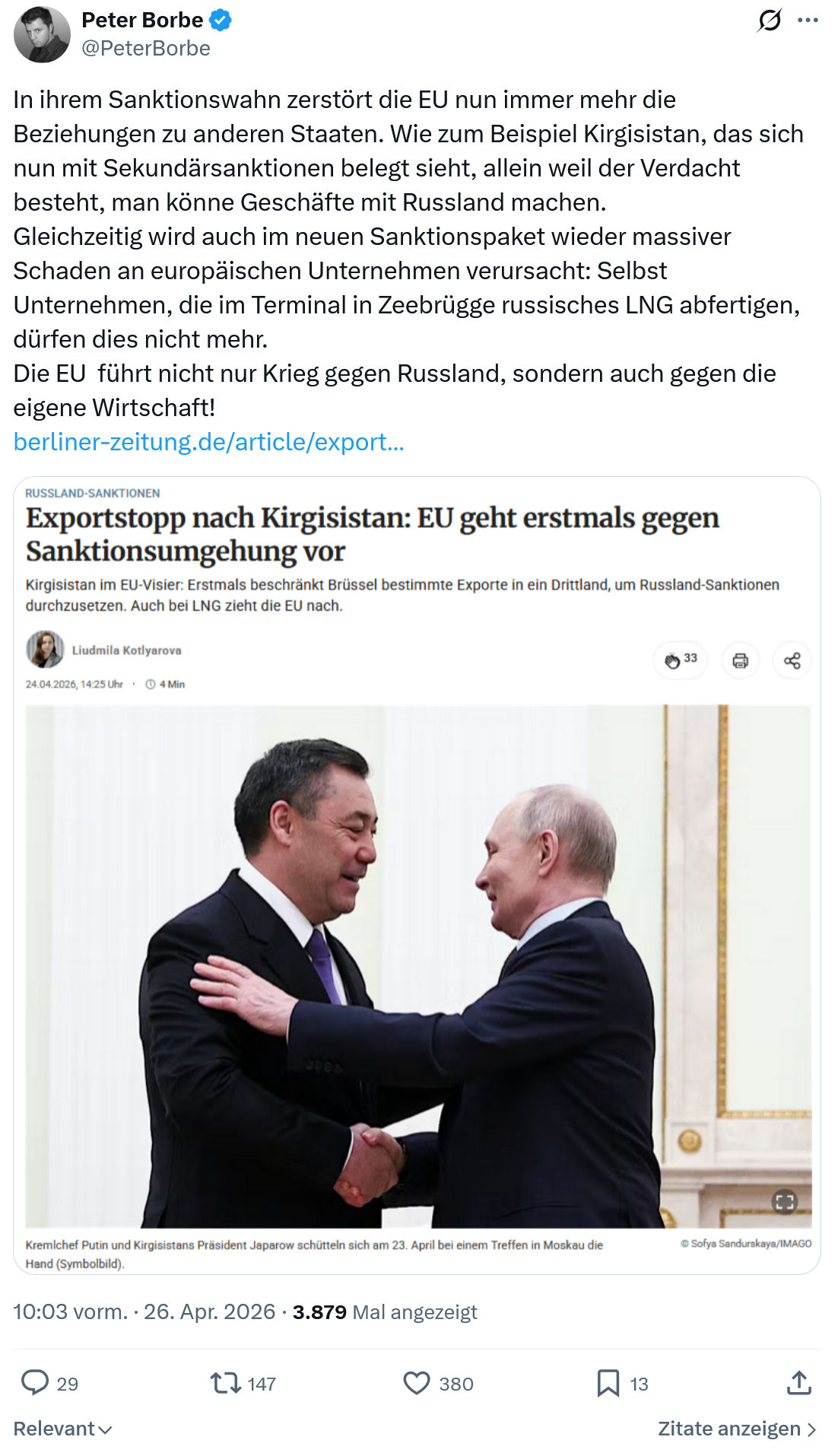 Peter Borbe: In ihrem Sanktionswahn zerstört…
