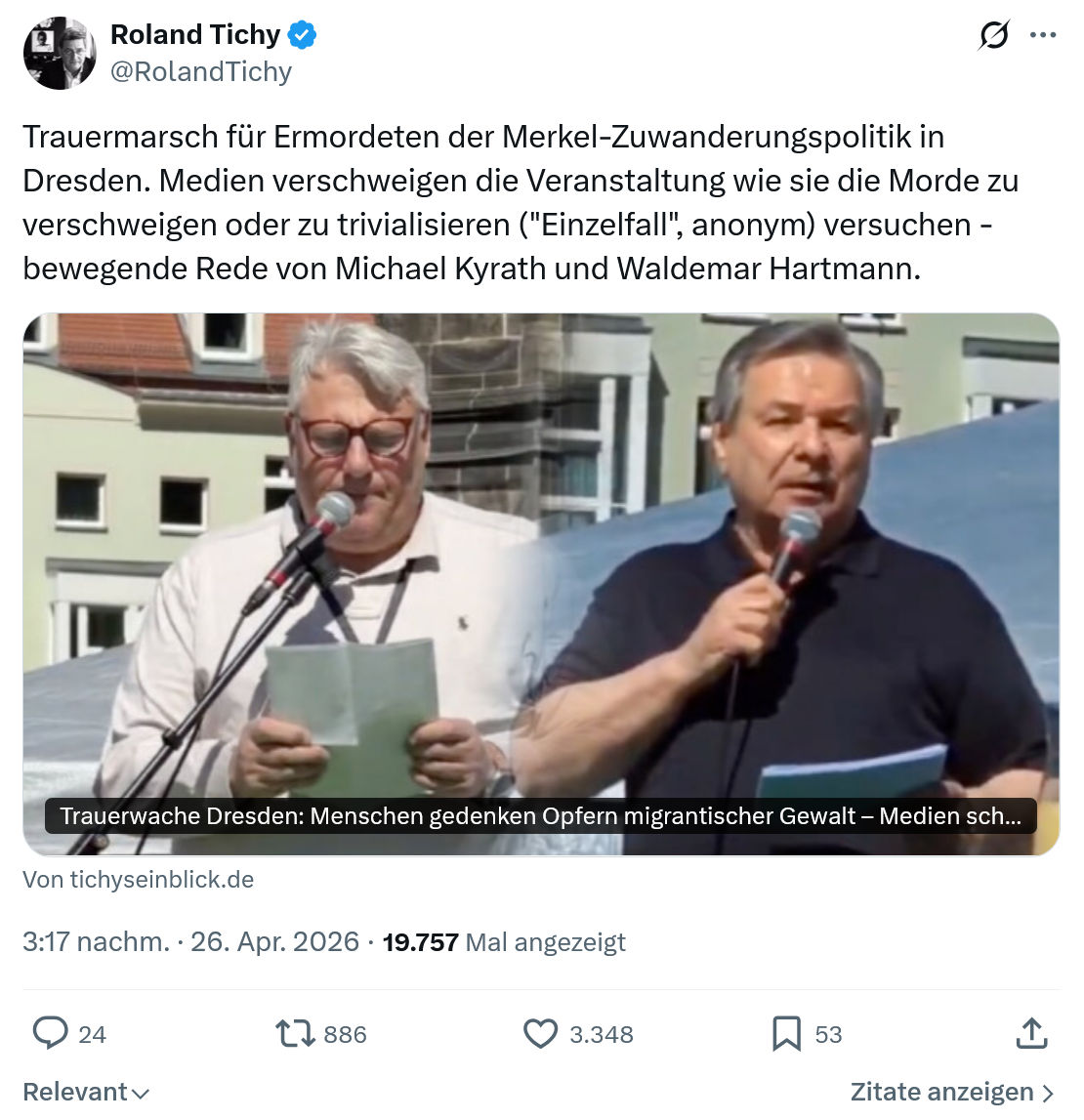 Roland Tichy: Trauermarsch für Ermordeten der Merkel-Zuwanderungspolitik…
