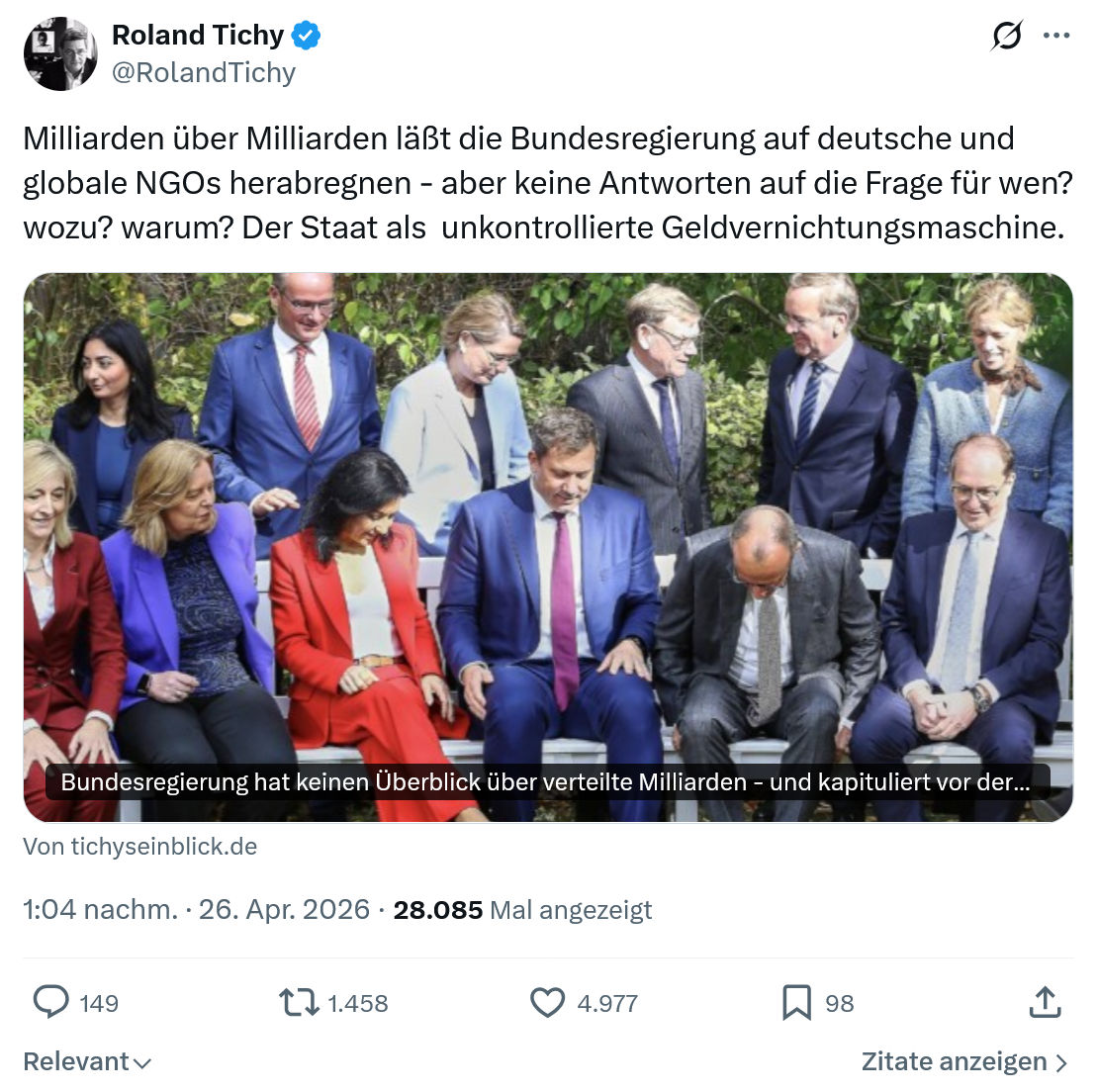 Roland Tichy: Milliarden über Milliarden läßt die Bundesregierung…