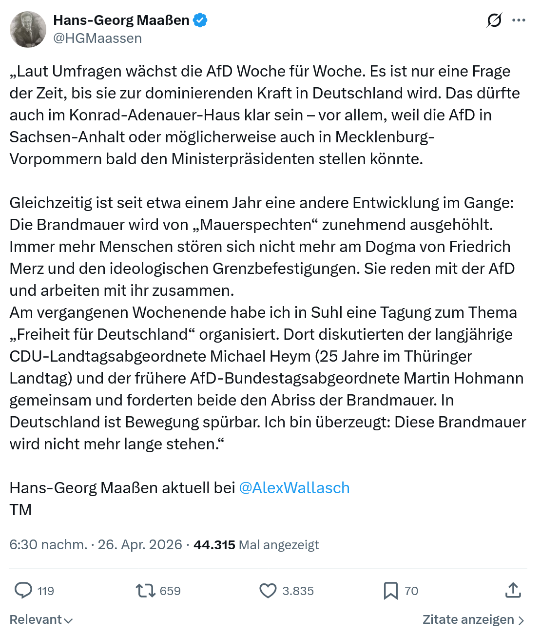 Hans-Georg Maaßen: Laut Umfragen wächst die AfD Woche…