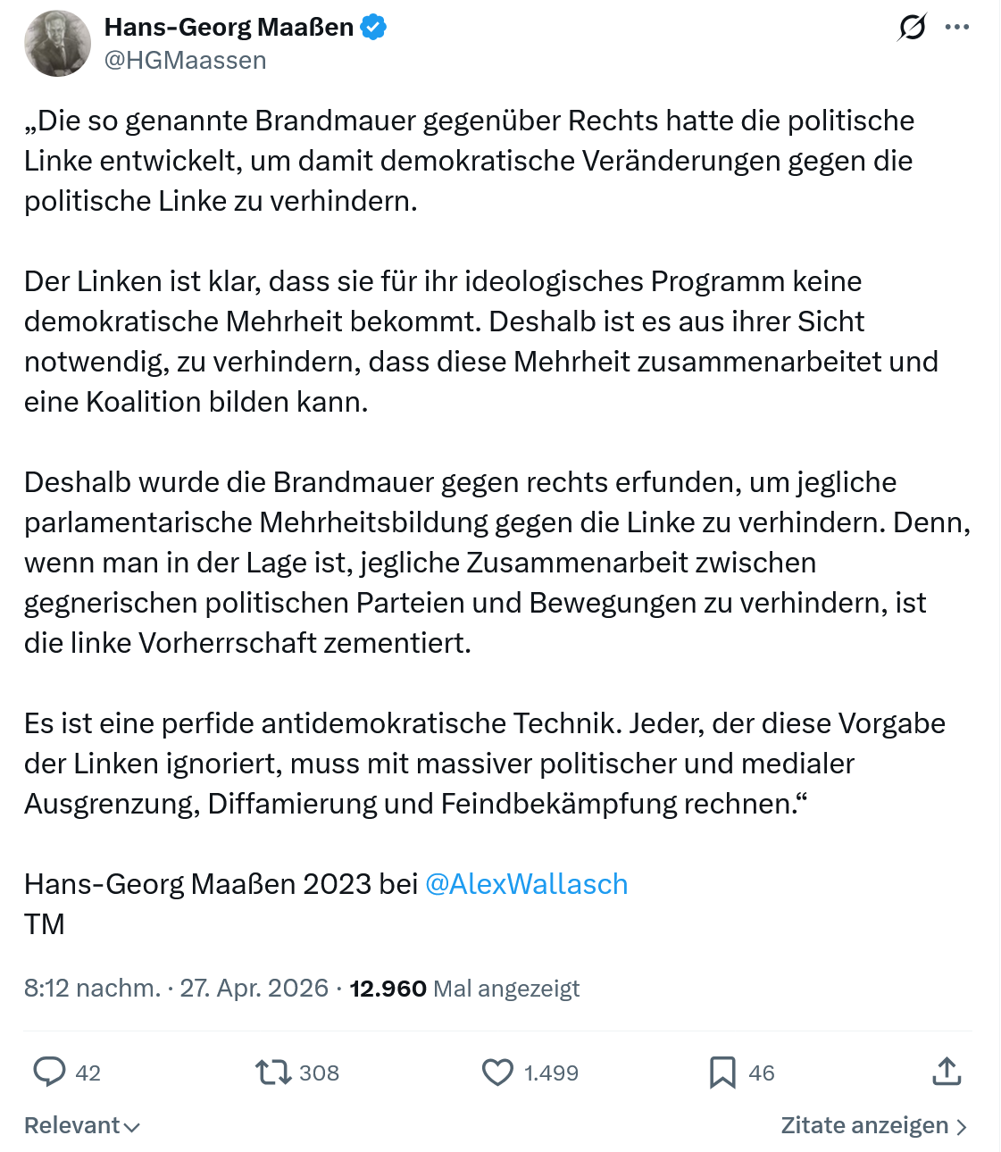 Hans-Georg Maaßen: Die so genannte Brandmauer gegenüber Rechts…