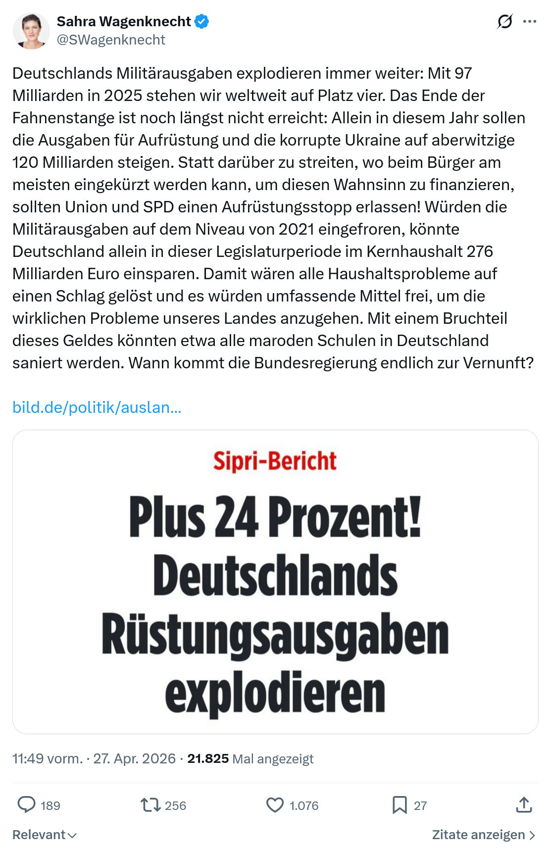 Sahra Wagenknecht: Deutschlands Militärausgaben explodieren immer weiter…