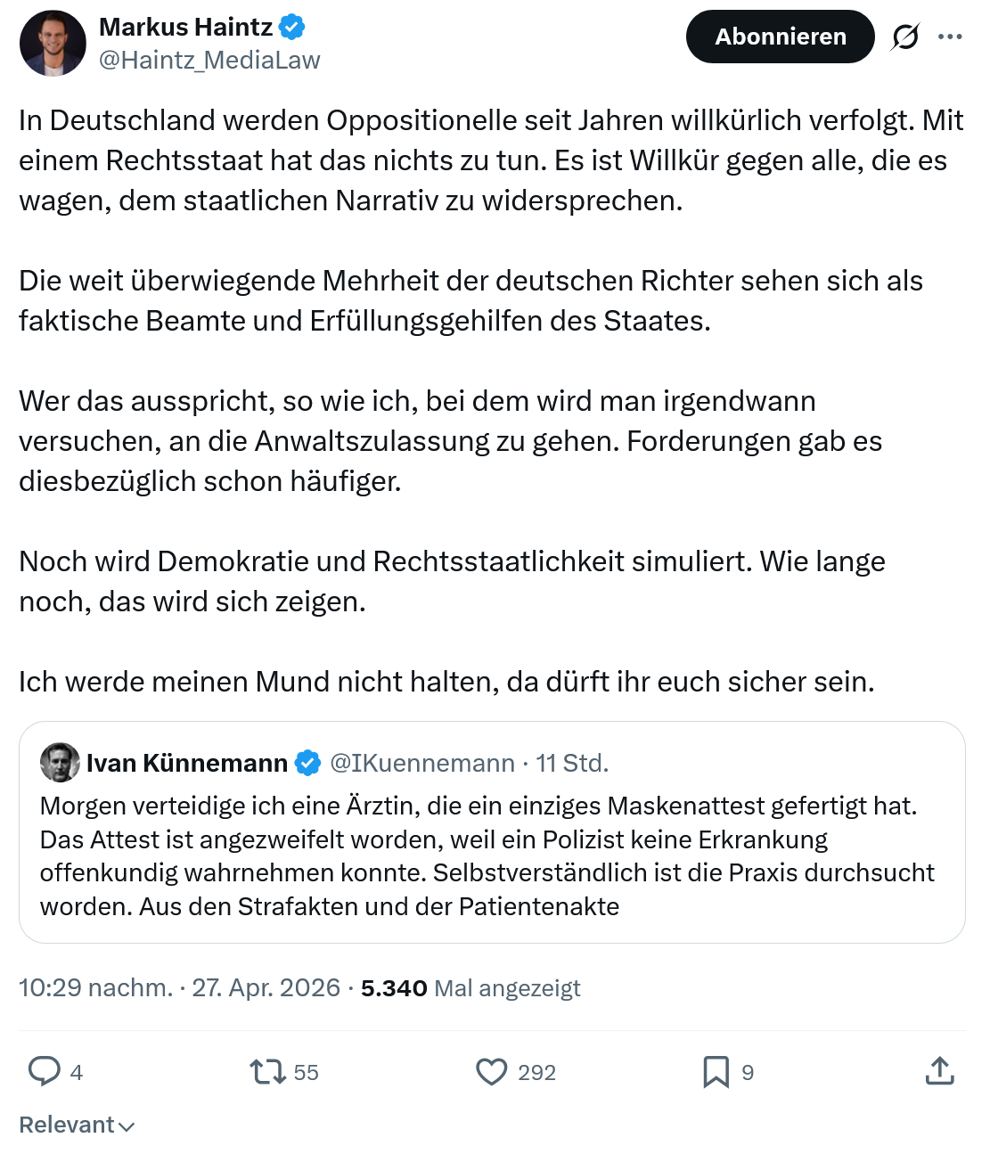 Markus Haintz: In Deutschland werden Oppositionelle…