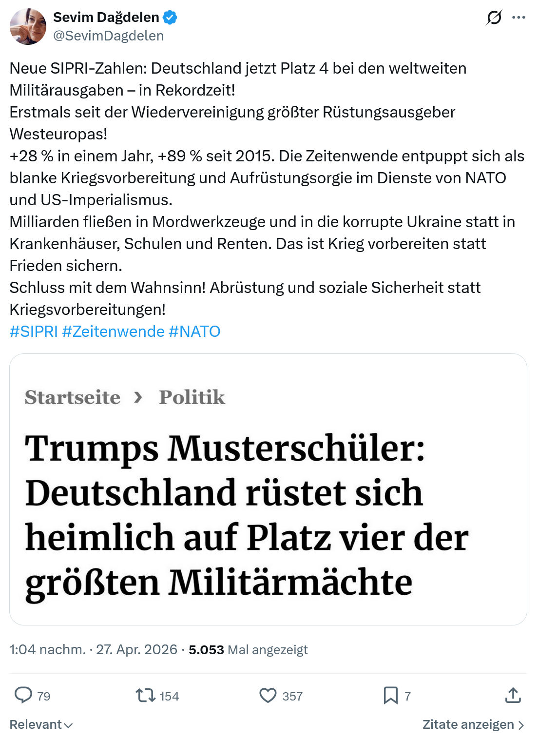 Sevim Dagdelen: Neue SIPRI-Zahlen…