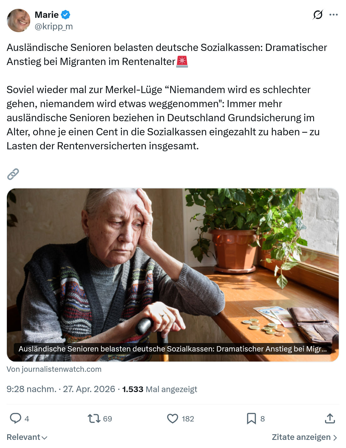 Marie kripp: Ausländische Senioren belasten deutsche Sozialkassen…