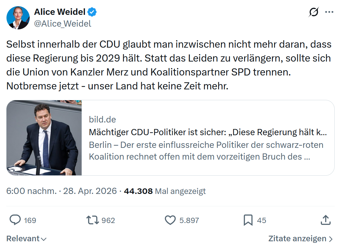Alice Weidel: Selbst innerhalb der CDU glaubt man…