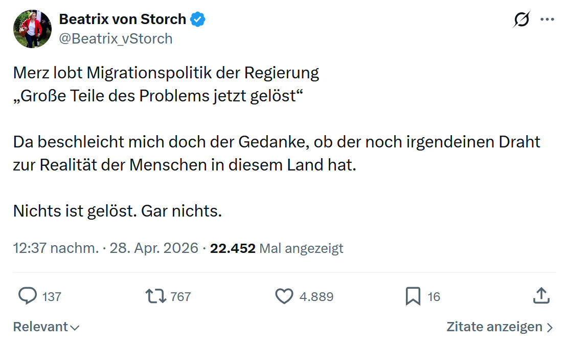 Beatrix von Storch: Merz lobt Migrationspolitik der Regierung…