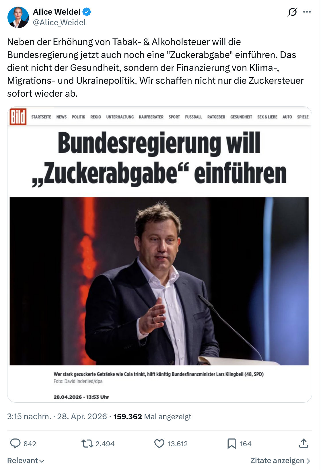 Alice Weidel: Neben der Erhöhung von Tabak- & Alkoholsteuer…