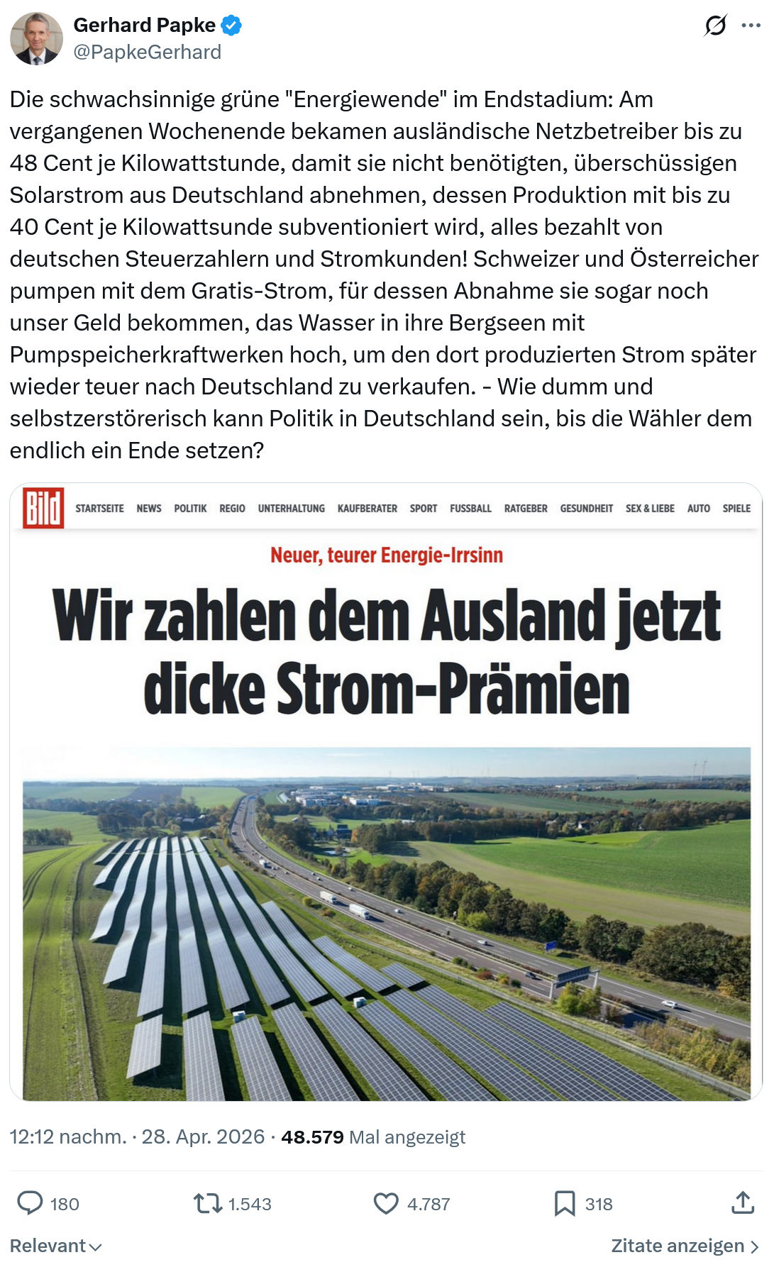 Gerhard Papke: Die schwachsinnige grüne "Energiewende"…