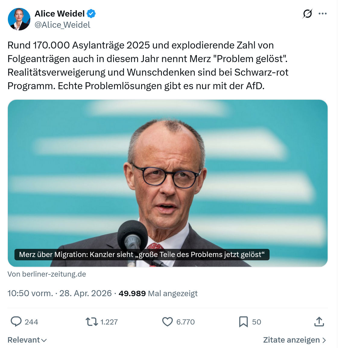 Alice Weidel: Rund 170.000 Asylanträge 2025…