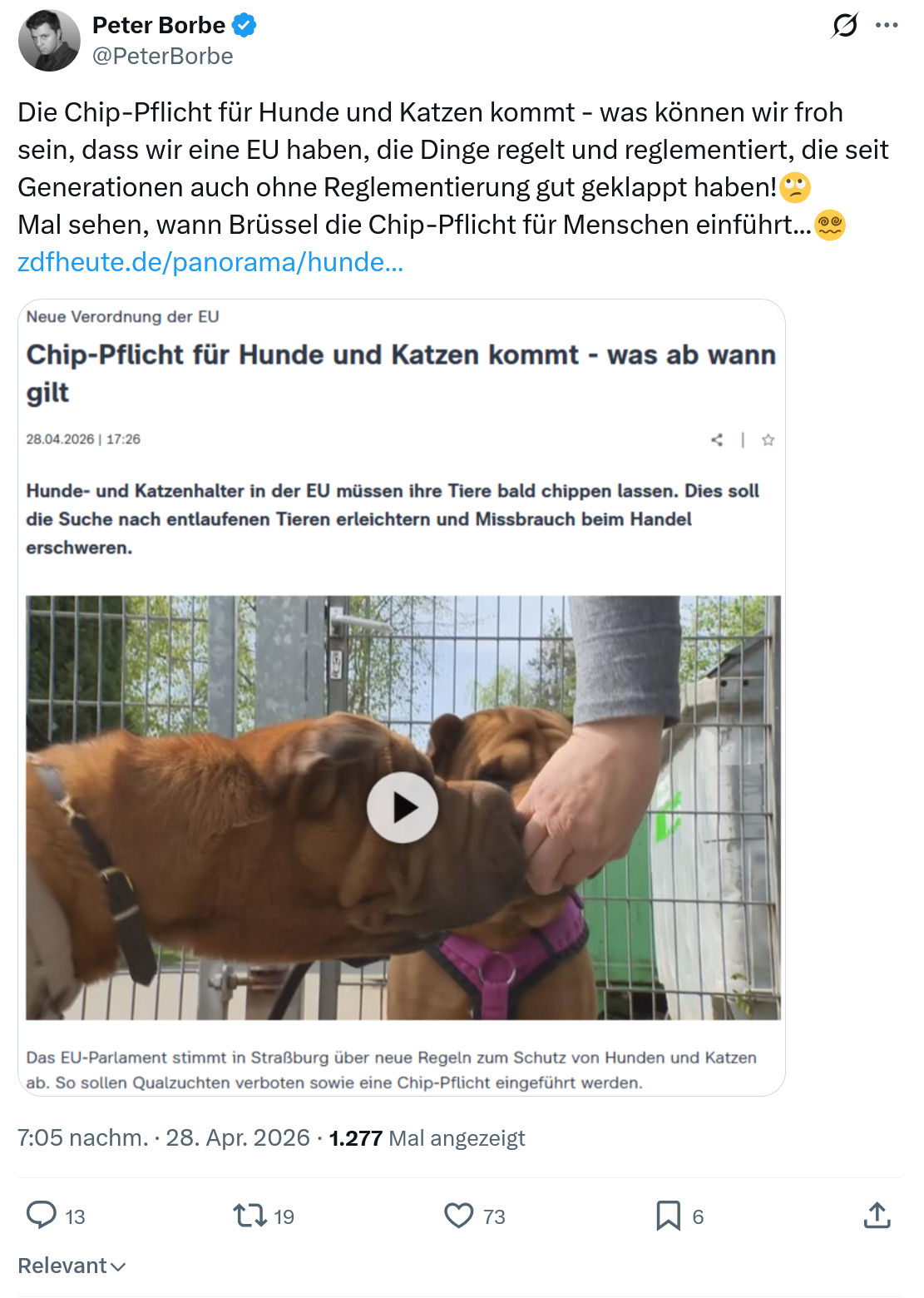 Peter Borbe: Die Chip-Pflicht für Hunde und Katzen kommt…