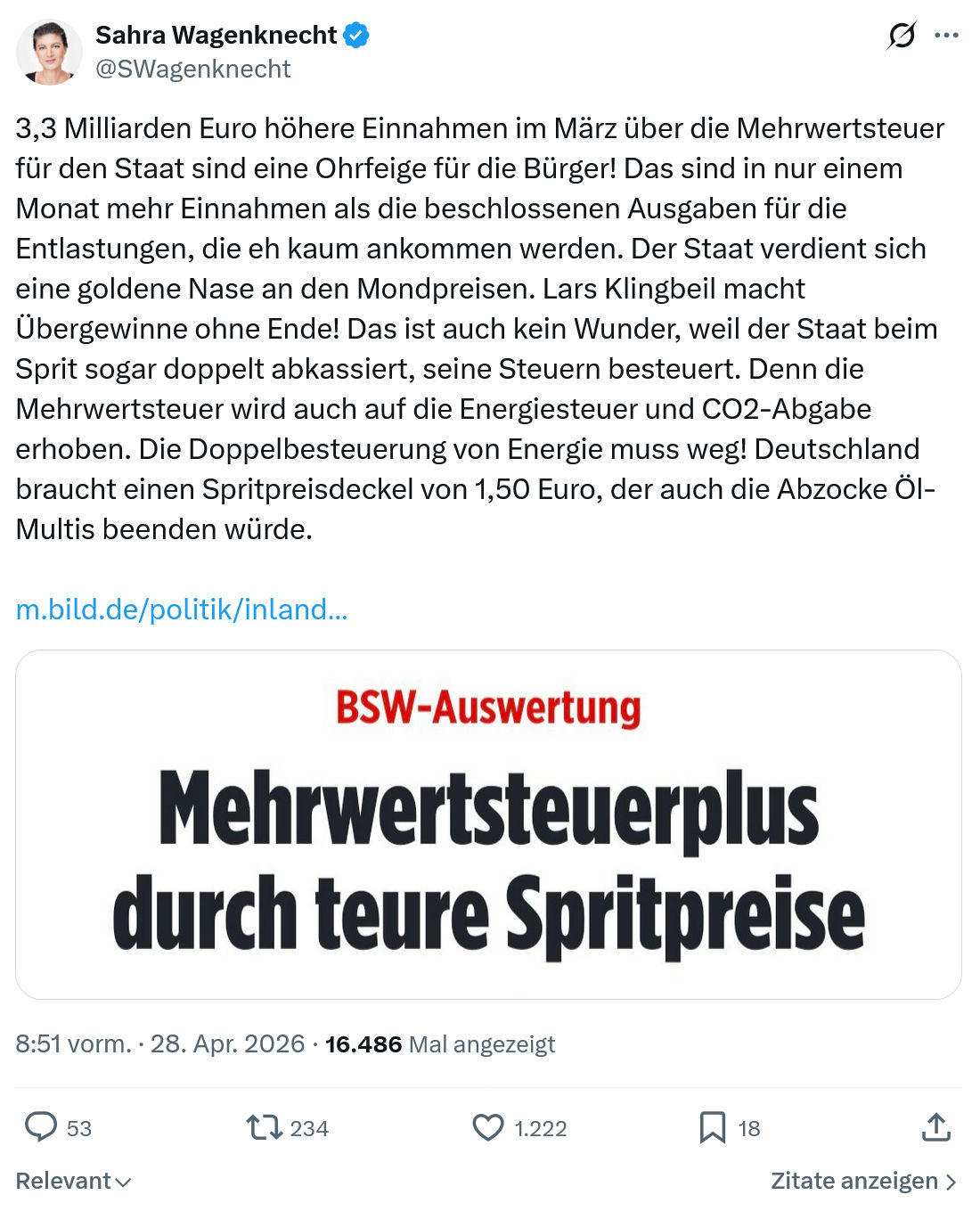 Sahra Wagenknecht: 3,3 Milliarden Euro höhere Einnahmen im März…