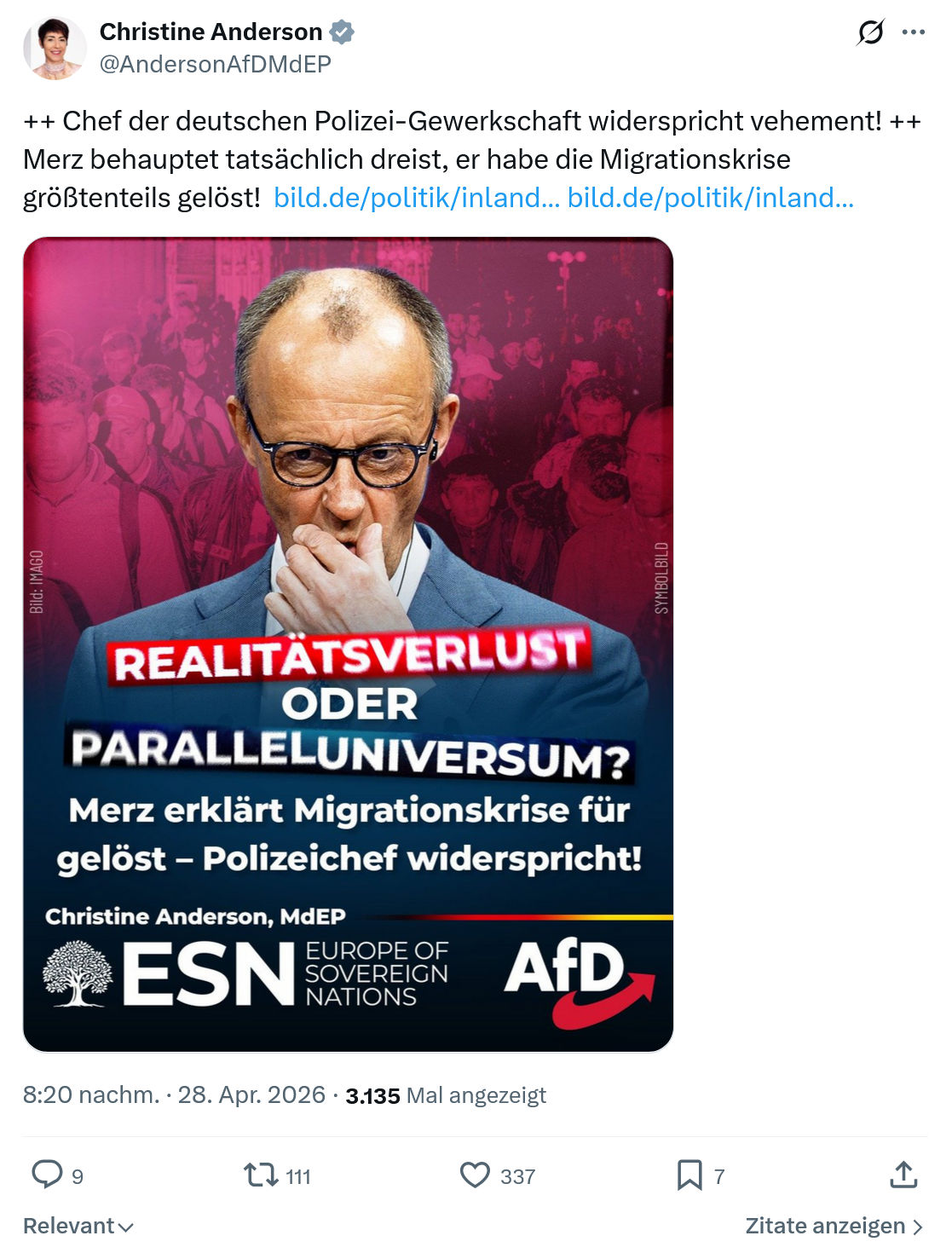 Christine Anderson: Chef der deutschen Polizei-Gewerkschaft…