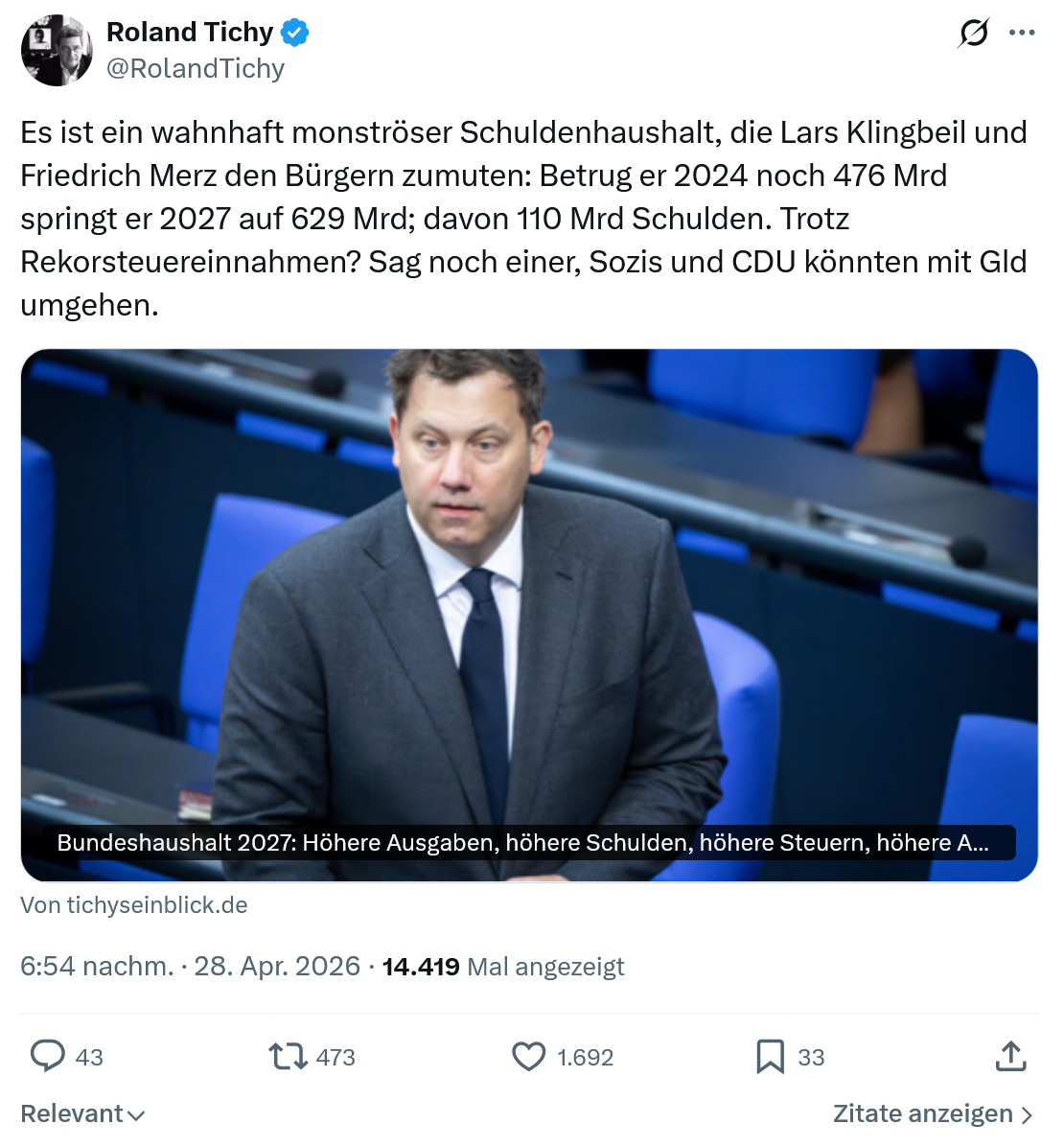 Roland Tichy: Es ist ein wahnhaft monströser Schuldenhaushalt…