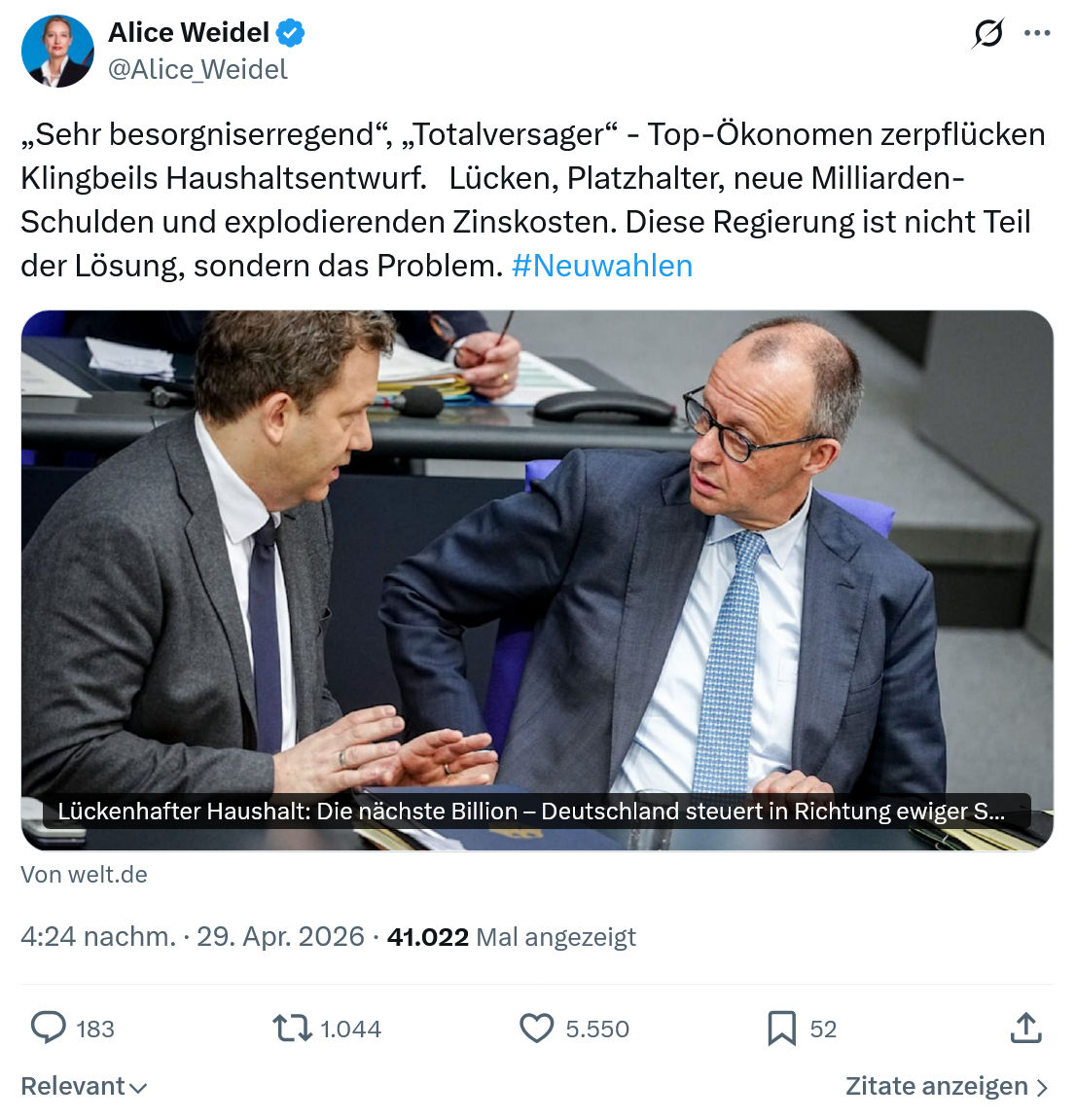 Alice Weidel: „Sehr besorgniserregend“, „Totalversager“…