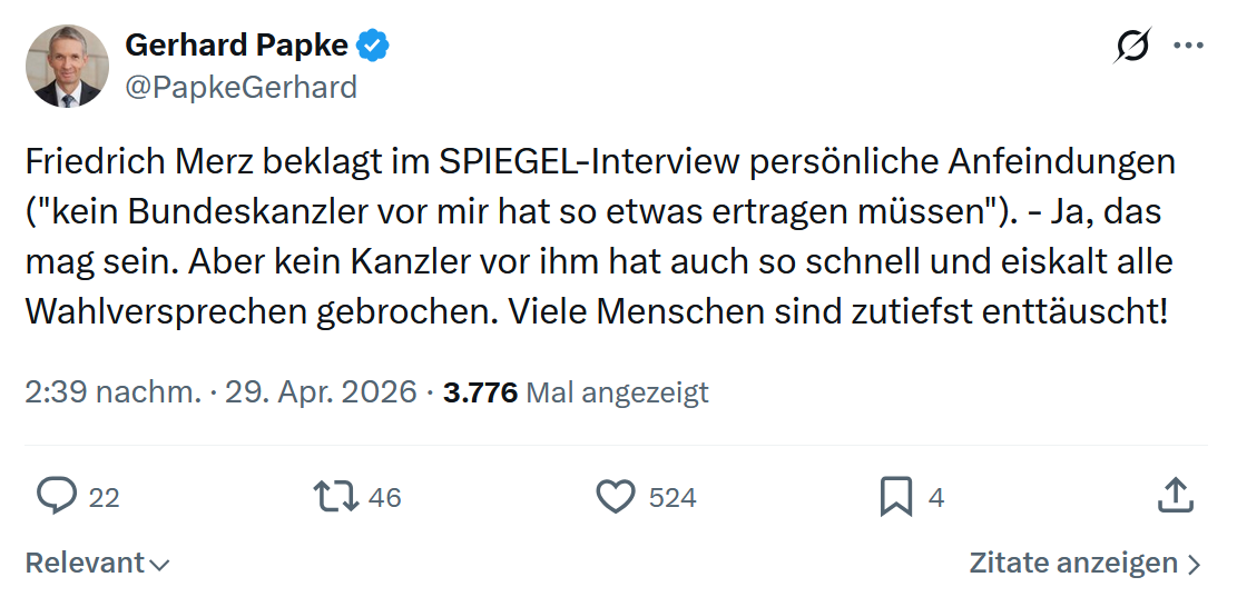 Gerhard Papke: Friedrich Merz beklagt im SPIEGEL…