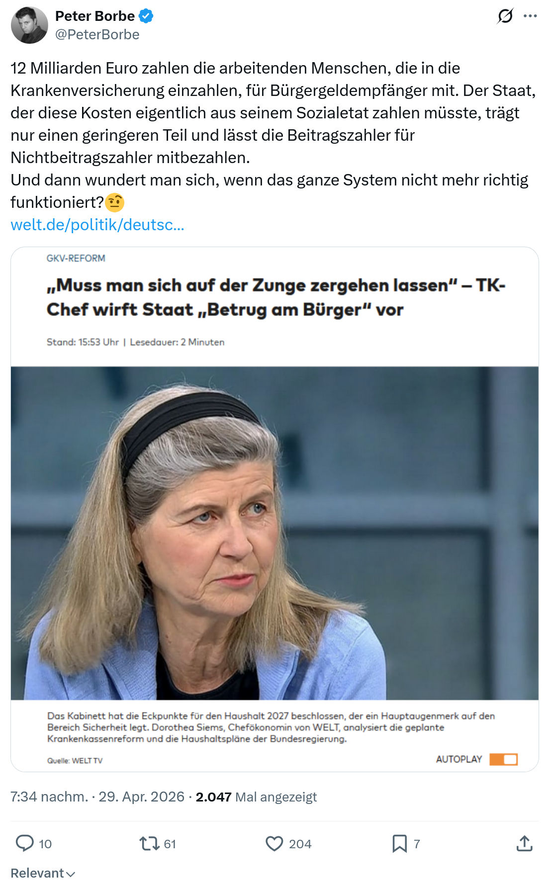 Peter Borbe: 12 Milliarden Euro zahlen die arbeitenden…