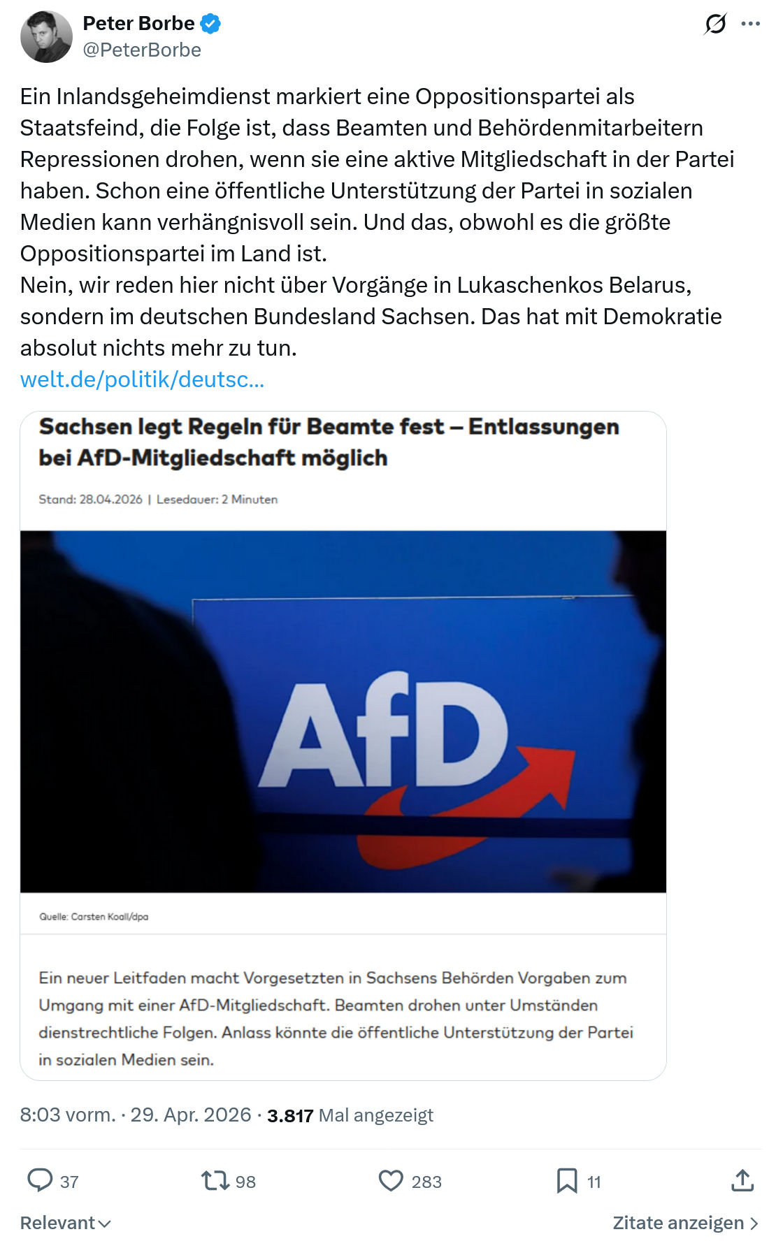 Peter Borbe: Ein Inlandsgeheimdienst markiert eine Oppositionspartei…