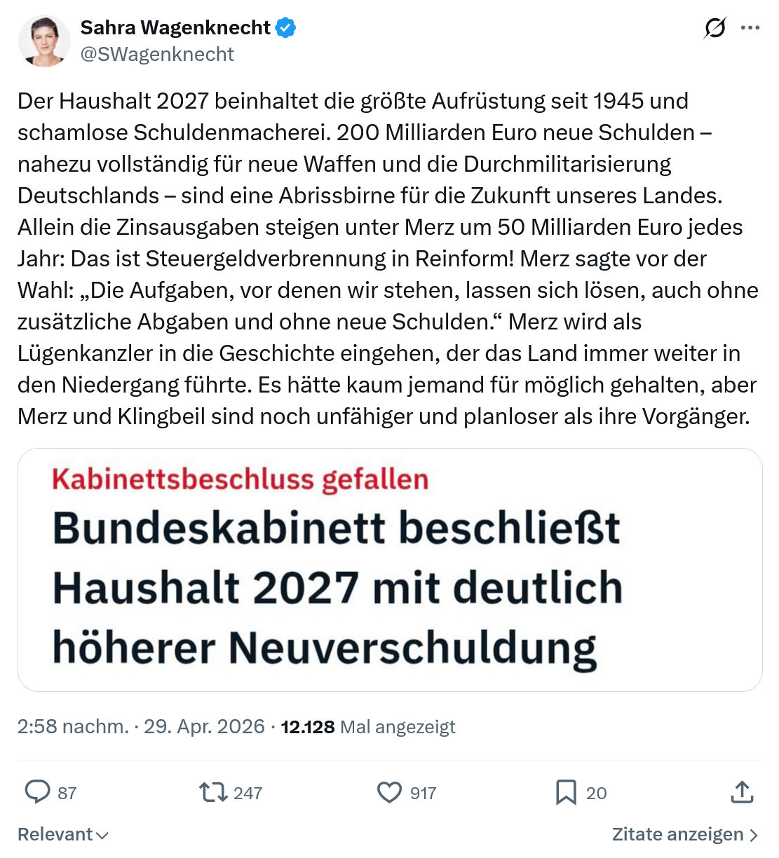 Sahra Wagenknecht: Der Haushalt 2027 beinhaltet…
