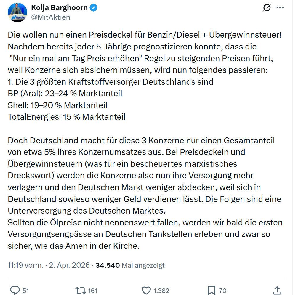 Kolja Barghoorn: Die wollen nun einen Preisdeckel für Benzin/Diesel…