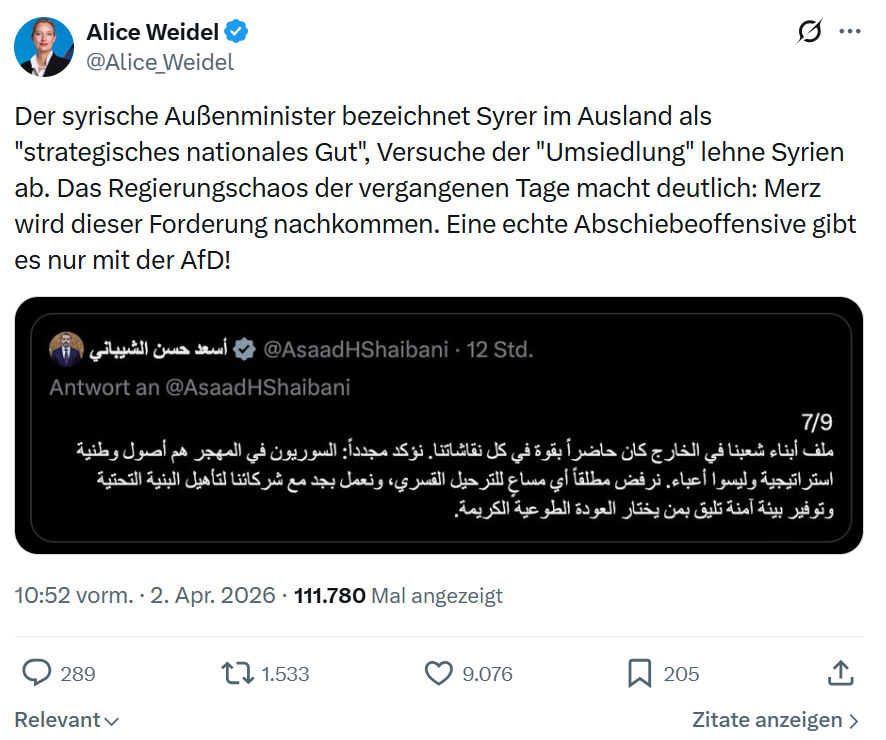 Alice Weidel: Der syrische Außenminister bezeichnet Syrer im Ausland…