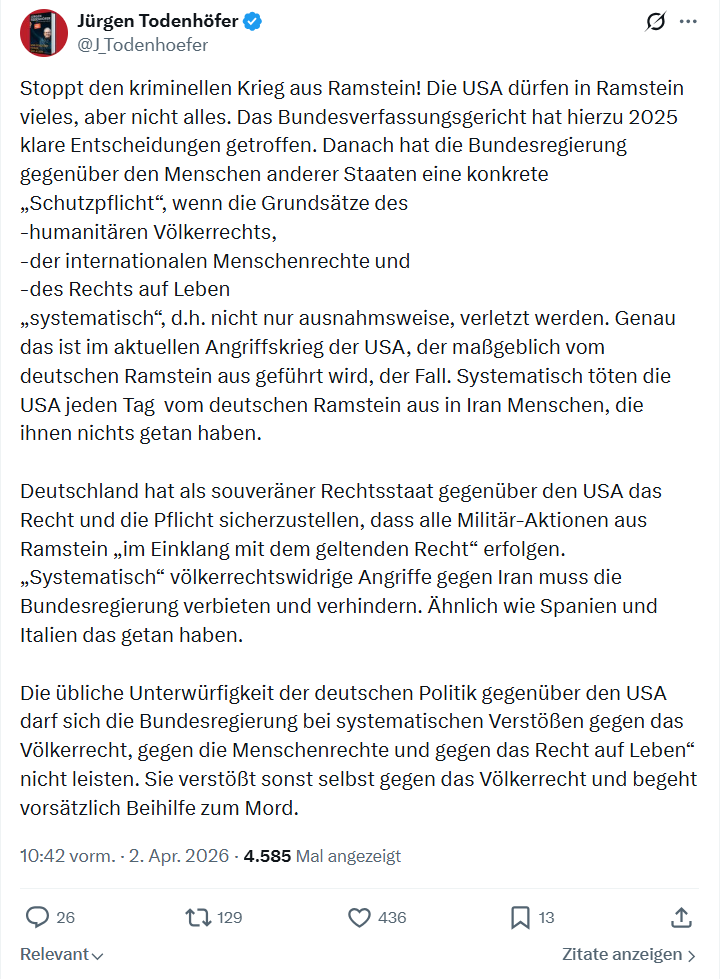 Jürgen Todenhöfer: Stoppt den kriminellen Krieg aus Ramstein…