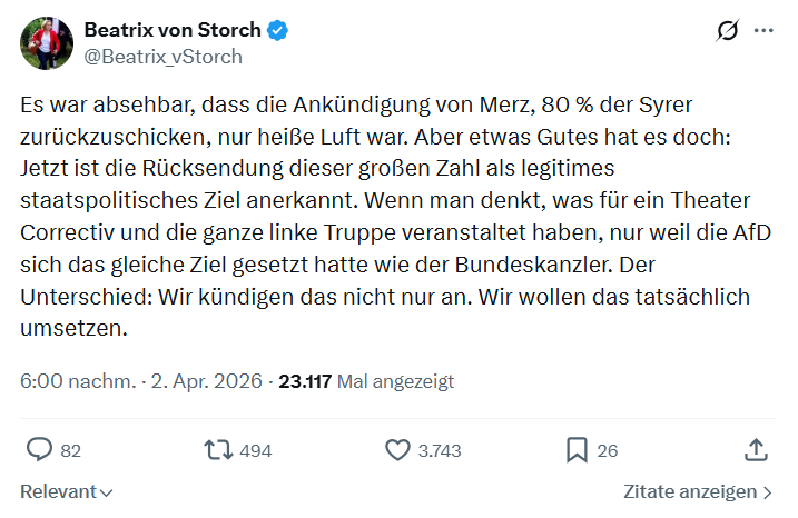 Beatrix von Storch: Es war absehbar, dass die Ankündigung von Merz…