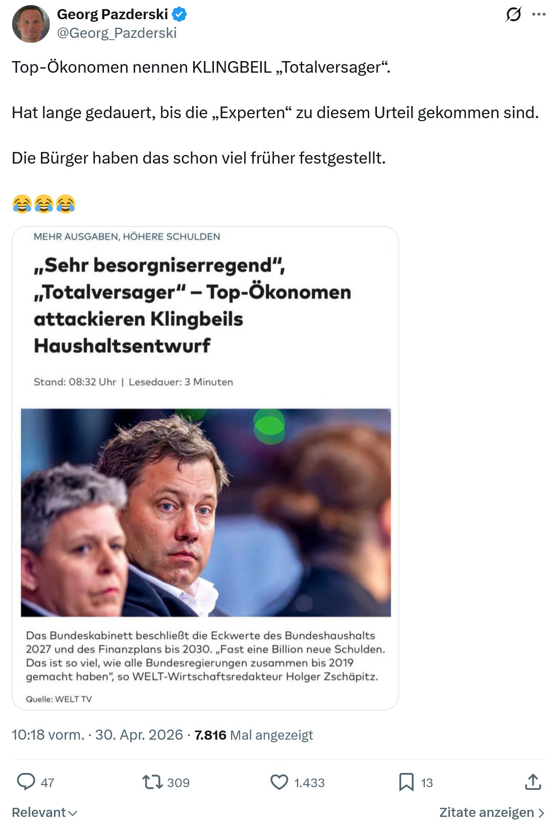 Georg Pazderski: Top-Ökonomen nennen KLINGBEIL...