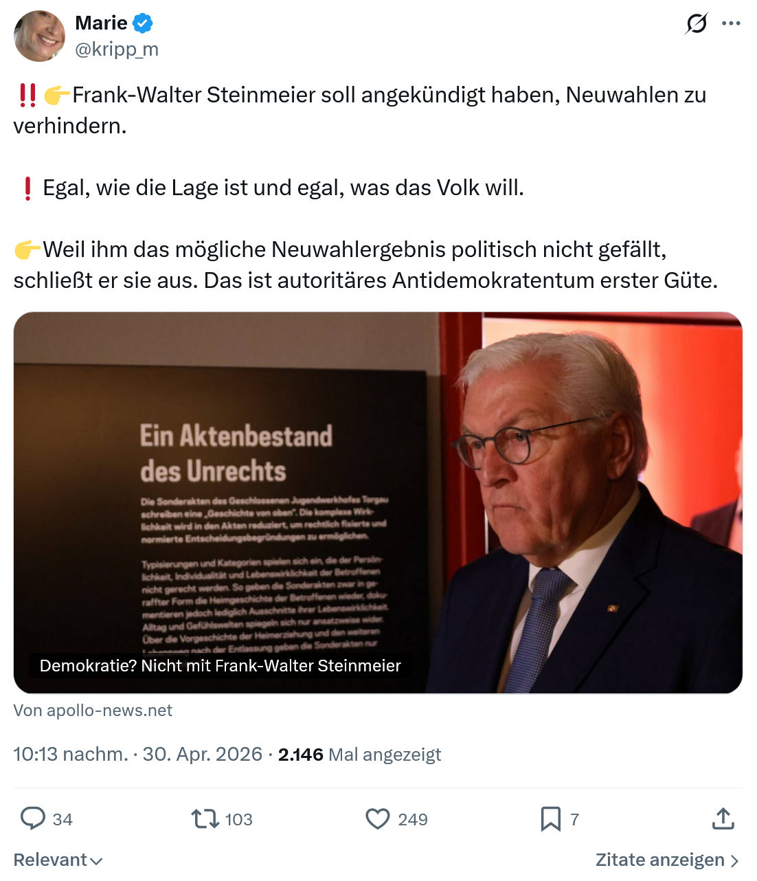 Marie kripp: Frank-Walter Steinmeier soll angekündigt...