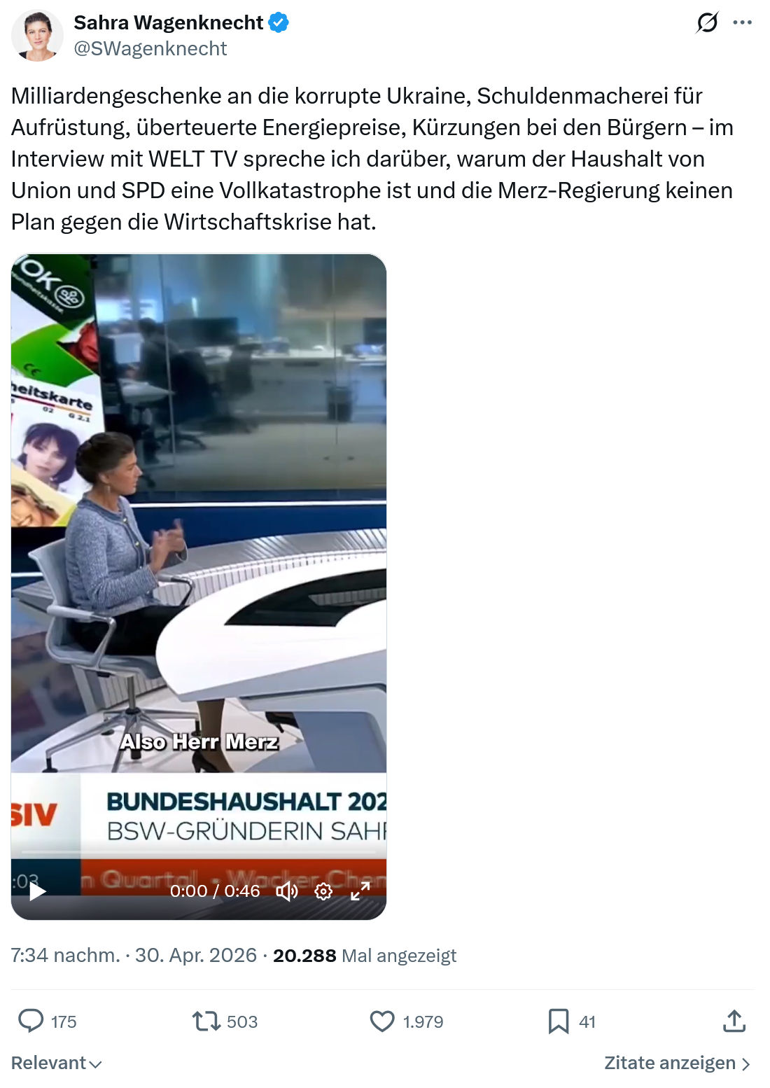 Sahra Wagenknecht: Milliardengeschenke an die korrupte Ukraine....