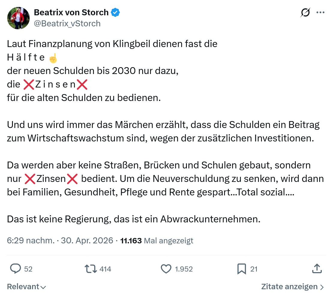 Beatrix von Storch: Laut Finanzplanung von Klingbeil dienen...