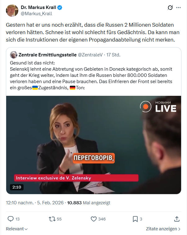 Markus Krall: Gestern hat er uns noch erzählt, dass die Russen 2 Millionen Soldaten...