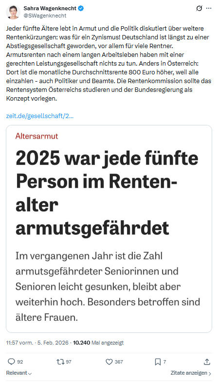 Sahra Wagenknecht: Jeder fünfte Ältere lebt in Armut...