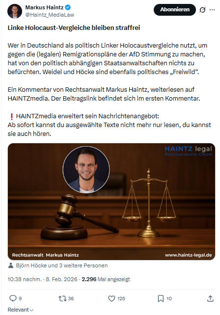 Markus Haintz: Linke Holocaust-Vergleiche bleiben straffrei...