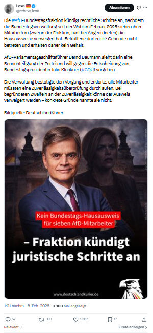 Lexa Rebew: Die #AfD-Bundestagsfraktion kündigt rechtliche Schritte an...